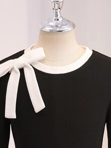 SHEIN 少女黑色修身簡約優雅時尚半高領連肩長袖修身長洋裝，純色毛絨羅紋面料基本款，魚尾裙擺，秋冬時尚內搭洋裝，法式優雅甜美可愛，適合度假、畢業典禮、開學季、婚禮季、派對及各種正式場合、聖誕節 - 黑色 - 查看 6