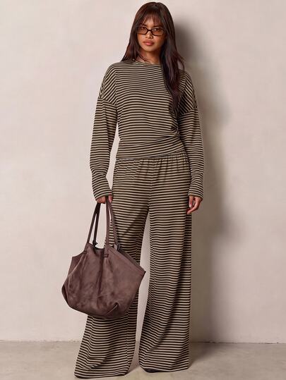 COSMINA Women's Spring/Autumn Casual Striped Top & Pants 2 Pieces Set, Round Neck Long Sleeve Autumn/Winter Casual Home Daily Wear