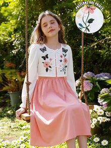 SHEIN Tween Girls Dress, Pink, Slim Fit, Warm For Autumn/Winter, Fashionable And Versatile, Casual, Daily, Ruffle Hem, Elegant, Collar, Ditsy Floral, Holiday, Round Neck - Pink - View 4