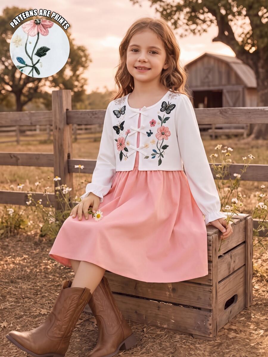 SHEIN Tween Girls Dress, Pink, Slim Fit, Warm For Autumn/Winter, Fashionable And Versatile, Casual, Daily, Ruffle Hem, Elegant, Collar, Ditsy Floral, Holiday, Round Neck - Pink - View 1