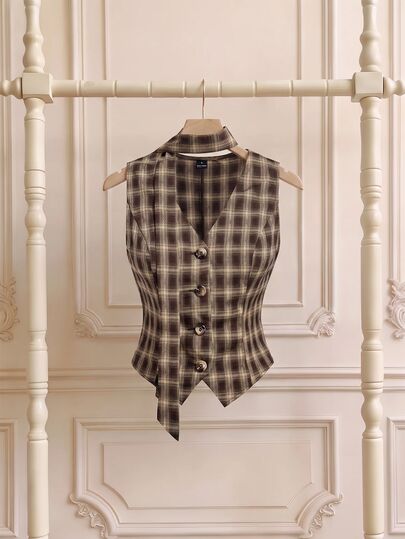 SHEIN MOD Rompi Jaket Preppy Vintage Pita Leher V Motif Kotak-kotak untuk Kantor, Sehari-hari, Sekolah, Cokelat, Musim Panas, Thanksgiving