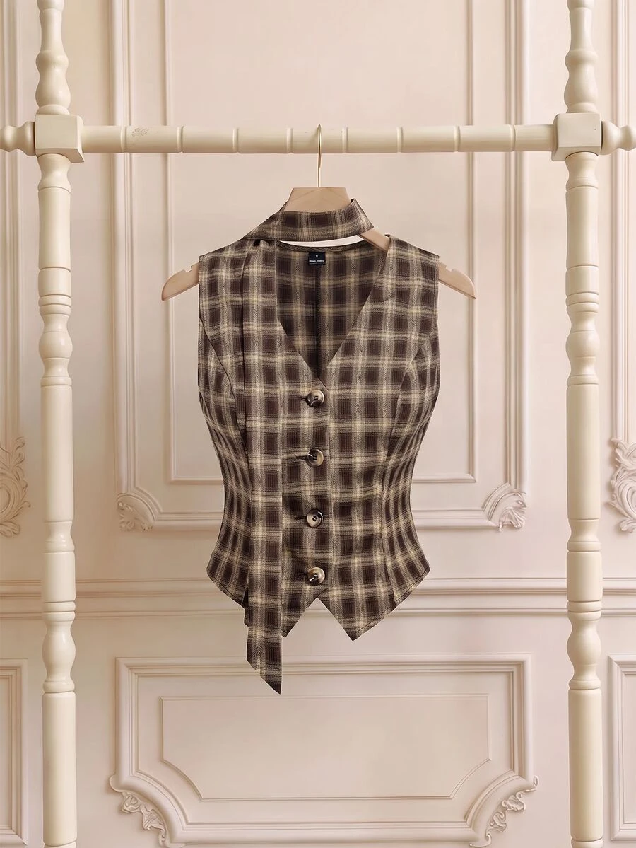 SHEIN MOD Plaid V-Neck Ribbon Vintage Preppy Vest Jacket Office Everyday School Brown Summer Thanksgiving - Multicolor - View 1