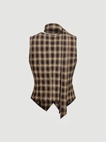 SHEIN MOD Plaid V-Neck Ribbon Vintage Preppy Vest Jacket Office Everyday School Brown Summer Thanksgiving - Multicolor - View 4
