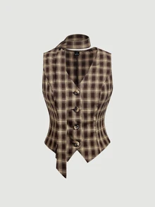 SHEIN MOD Plaid V-Neck Ribbon Vintage Preppy Vest Jacket Office Everyday School Brown Summer Thanksgiving - Multicolor - View 8