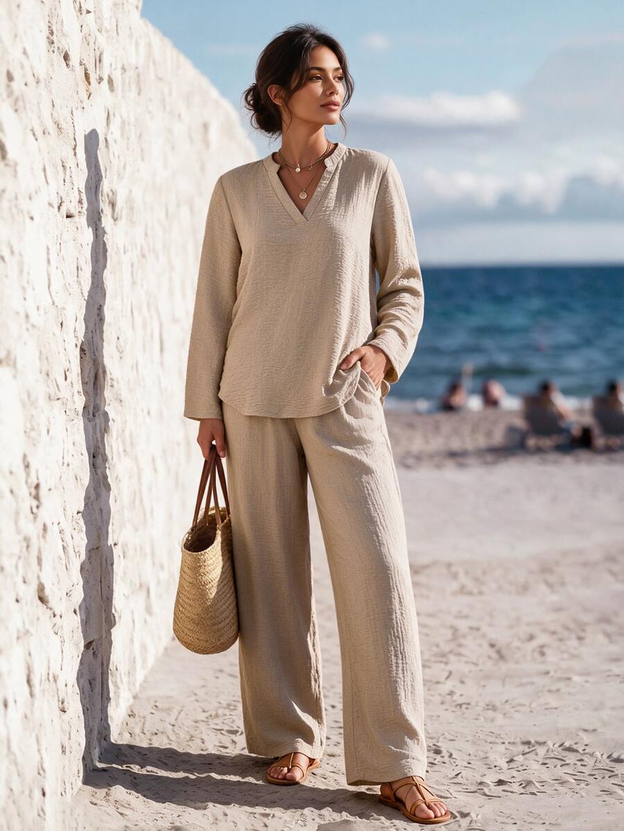 Faunlyn Women's Solid Color V-Neck Top And Long Pants Casual Daily Set Fall Clothes For Women Winter Outfit For Women - Khaki - View 1