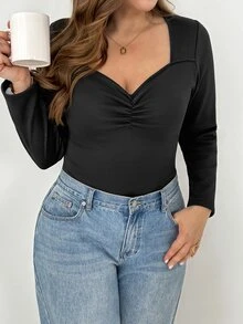 Shapeblank 女款大尺碼黑色長袖T恤－方領、彈性、保暖、舒適且時尚，適合休閒日常穿著（秋冬），穿搭 - 黑色 - 查看 5