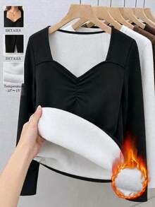 Shapeblank 女款大尺碼黑色長袖T恤－方領、彈性、保暖、舒適且時尚，適合休閒日常穿著（秋冬），穿搭 - 黑色 - 查看 7