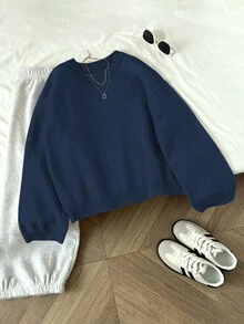Elamini Women's Casual Solid Color Pullover Sweater - Navy Blue - View 4