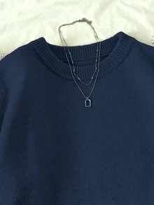 Elamini Women's Casual Solid Color Pullover Sweater - Navy Blue - View 6