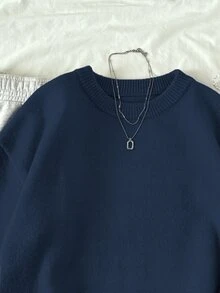 Elamini Women's Casual Solid Color Pullover Sweater - Navy Blue - View 5