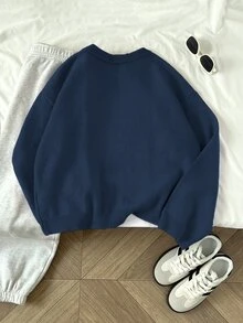Elamini Women's Casual Solid Color Pullover Sweater - Navy Blue - View 2