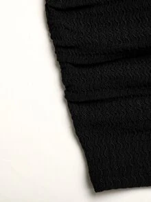 SHEIN 青少年女孩秋冬春季休閒時尚棕色針織紋理方領抽褶腰長袖T恤與長褲兩件套，百搭日常穿著 - 黑色 - 查看 5