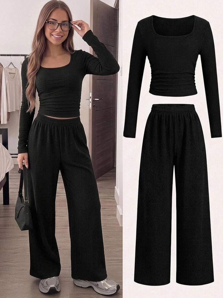 SHEIN Teen Girl Teen Girl Autumn Winter Spring Casual Fashion Brown Knit Textured Square Neck Ruched Waist Long Sleeve T-Shirt And Long Pants 2 Pieces Set, Versatile Everyday Wear - Black - View 3