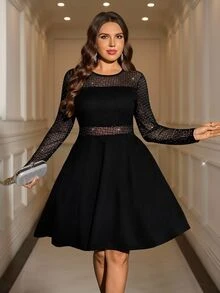 Reflora Black Winter Curve Elegant Plus Size Women's Lace Rhinestone Plaid Mesh Round Neck Long Sleeve Cocktail Concert Dress,Formal Party Wedding Guest Wear - Black - View 2