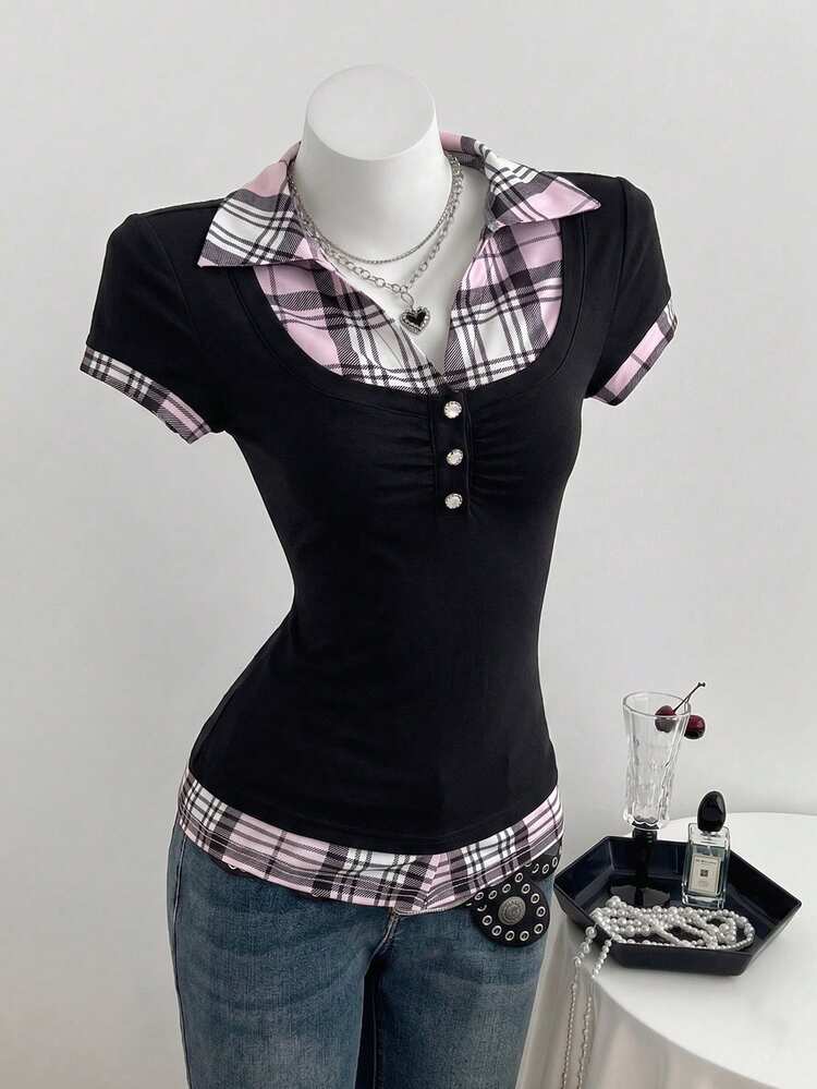 Elamini Women's Summer Casual Plaid Patchwork Shirt Collar 2 In 1 Short Sleeve Slim Fit T-Shirt - Black - View 5