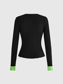 ROMWE Goth Fluorescent Green Dark Swamp Knit Loose Versatile Personalized Autumn Women's T-Shirt Faux Sweater Two Pieces - Black - View 9