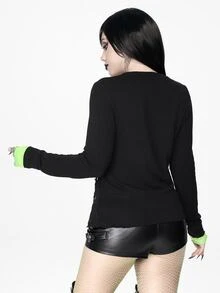 ROMWE Goth Fluorescent Green Dark Swamp Knit Loose Versatile Personalized Autumn Women's T-Shirt Faux Sweater Two Pieces - Black - View 2