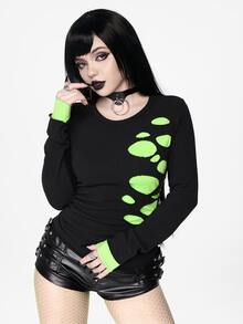 ROMWE Goth Fluorescent Green Dark Swamp Knit Loose Versatile Personalized Autumn Women's T-Shirt Faux Sweater Two Pieces - Black - View 3