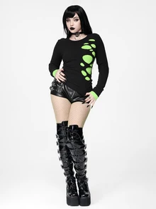 ROMWE Goth Fluorescent Green Dark Swamp Knit Loose Versatile Personalized Autumn Women's T-Shirt Faux Sweater Two Pieces - Black - View 7