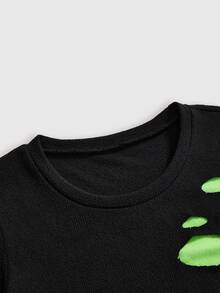 ROMWE Goth Fluorescent Green Dark Swamp Knit Loose Versatile Personalized Autumn Women's T-Shirt Faux Sweater Two Pieces - Black - View 10