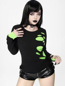 ROMWE Goth Fluorescent Green Dark Swamp Knit Loose Versatile Personalized Autumn Women's T-Shirt Faux Sweater Two Pieces - Black - View 6