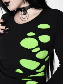 ROMWE Goth Fluorescent Green Dark Swamp Knit Loose Versatile Personalized Autumn Women's T-Shirt Faux Sweater Two Pieces - Black - View 4