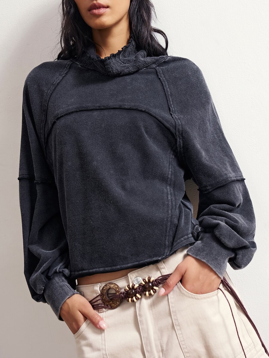 Bohemela Casual Solid Color Knit Long Sleeve Women's Sweatshirt - Black - View 1