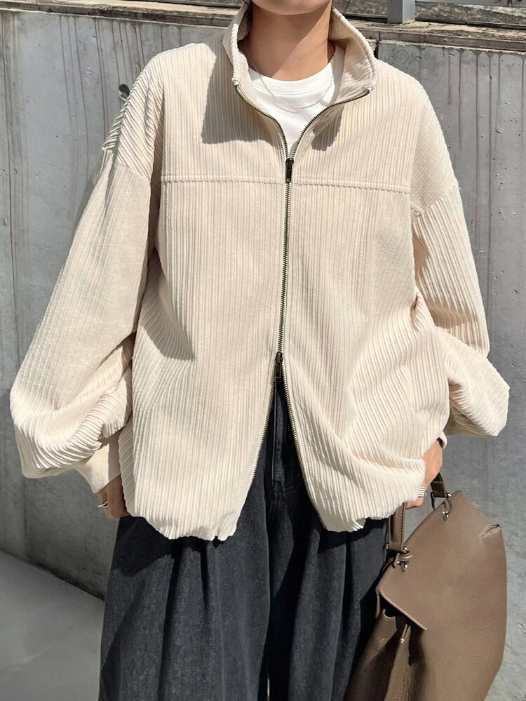 FRIFUL Women's Minimalist Textured Zipper Long Sleeve Jacket, Versatile For Daily Wear - Apricot - View 7