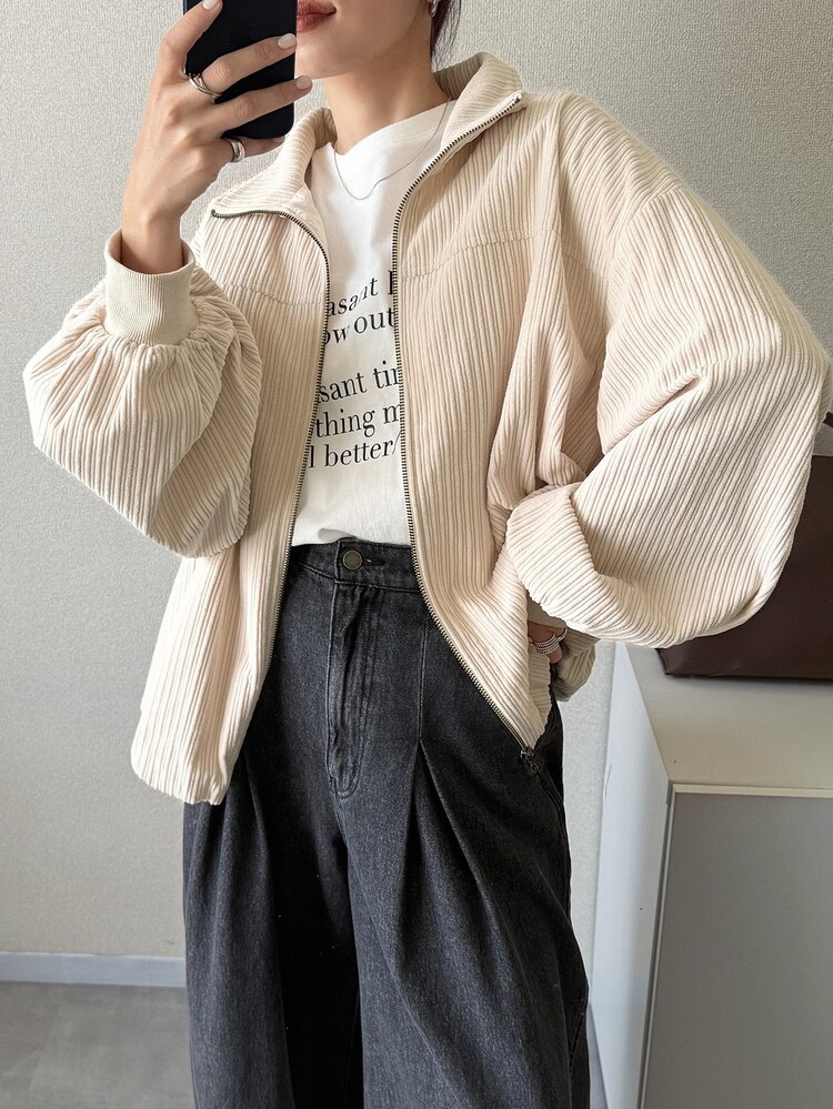 FRIFUL Women's Minimalist Textured Zipper Long Sleeve Jacket, Versatile For Daily Wear - Apricot - View 3