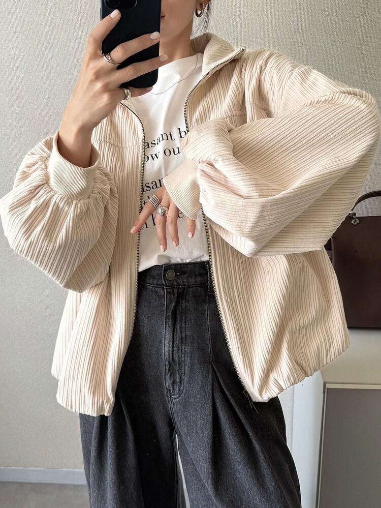 FRIFUL Women's Minimalist Textured Zipper Long Sleeve Jacket, Versatile For Daily Wear - Apricot - View 8