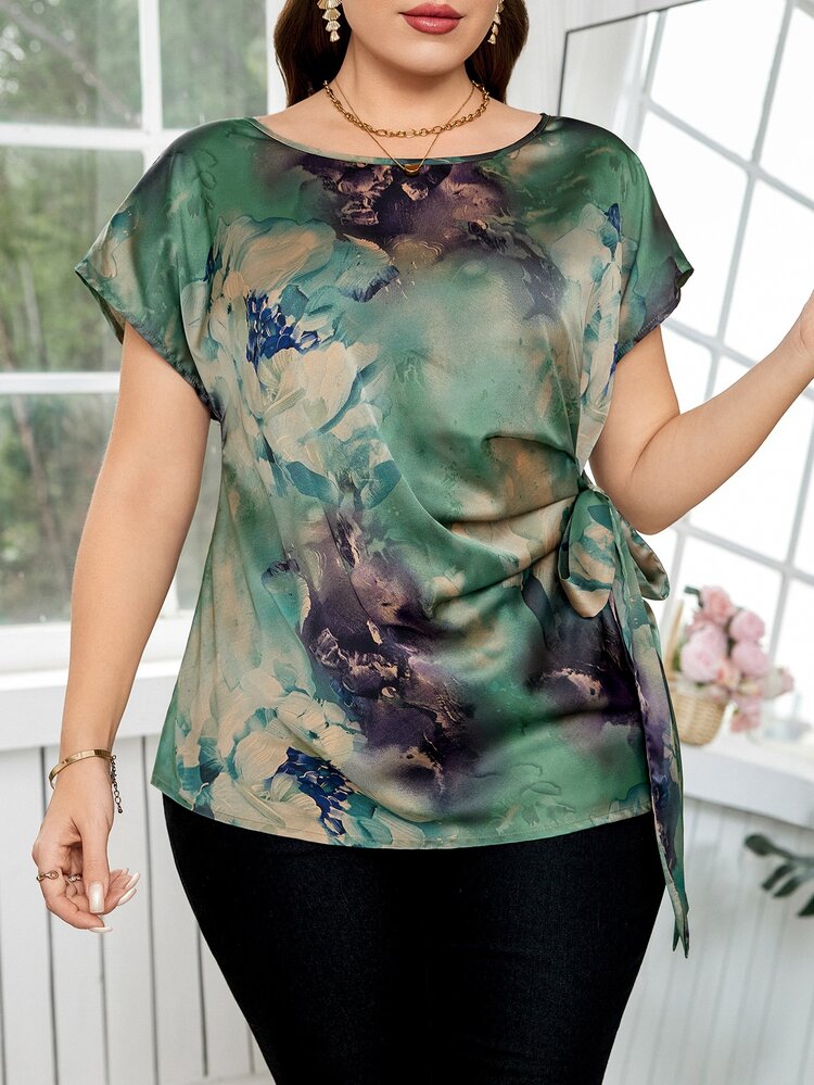 Reflora Plus Size Women's Elegant Floral Print Side Tie Batwing Sleeve Blouse, Summer, Teachers' Day Fashioning Costume, Tops Evening Formal Office Dark Green - Multicolor - View 6