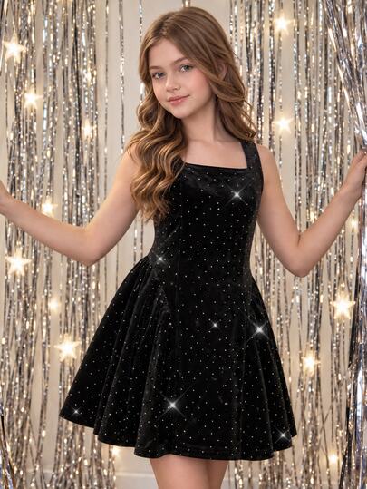 Girls Spring/Summer Vintage Cute Elegant Sweet Style Black Polka Dot Print Square Neck Sleeveless Puff Dress With Large Bow Back Decoration Open Back