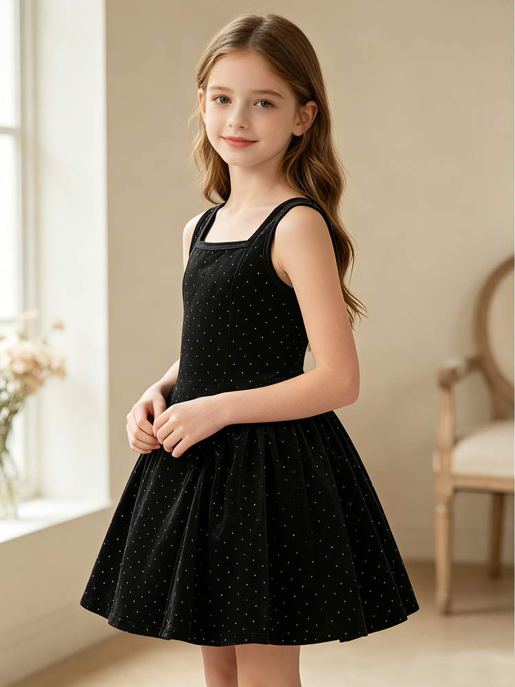 Girls Spring/Summer Vintage Cute Elegant Sweet Style Black Polka Dot Print Square Neck Sleeveless Puff Dress With Large Bow Back Decoration Open Back - Black - View 8
