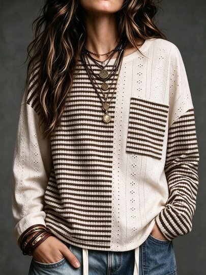 SHEIN Women's Black & White Striped Hollow-Out Colorblock Long Sleeve T-Shirt, Round Neck Asymmetrical Split Single Pocket Slimming Knit Top