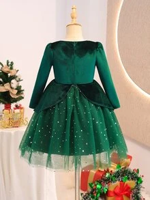 SHEIN 女童深綠色長袖天鵝絨洋裝，多層星星亮片薄紗下擺，奢華重工公主禮服，適合派對、聚會、舞會、正式場合、聖誕節、萬聖節、新年、跨年派對，優雅俏皮可愛風格 - 綠色 - 查看 3