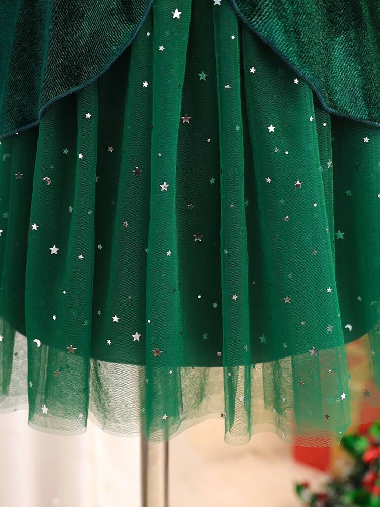 SHEIN Gaun Beludru Lengan Panjang Hijau Tua untuk Anak Perempuan, Hem Tulle Berlapis Bintang dan Payet, Kerajinan Mewah dan Berat, Gaun Putri, Gaun Formal, Cocok untuk Pesta, Pertemuan, Pesta Dansa, Acara Formal, Natal, Halloween, Tahun Baru, Pesta Malam Tahun Baru, Gaya Elegan, Anggun, Ceria dan Imut - Hijau - View 8