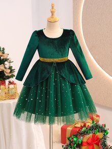 SHEIN 女童深綠色長袖天鵝絨洋裝，多層星星亮片薄紗下擺，奢華重工公主禮服，適合派對、聚會、舞會、正式場合、聖誕節、萬聖節、新年、跨年派對，優雅俏皮可愛風格 - 綠色 - 查看 2