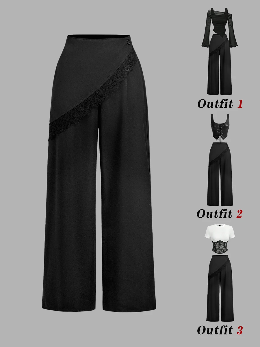 SHEIN MOD Black Lace Patchwork Slightly Wide Leg Trousers Night Autumn Elegant Sexy Going Out - Black - View 1