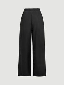 SHEIN MOD Black Lace Patchwork Slightly Wide Leg Trousers Night Autumn Elegant - Black - View 4