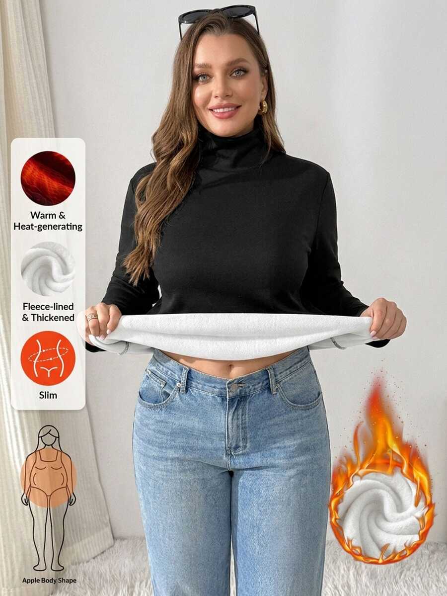 Shapeblank 女款大尺碼黑色長袖高領T恤,時尚休閒、彈性保暖舒適,適合秋冬日常穿搭黑色造型 - 黑色 - 查看 1