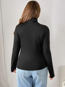 Shapeblank 女款大尺碼黑色長袖高領T恤，時尚休閒、彈性保暖舒適，適合秋冬日常穿搭黑色造型 - 黑色 - 查看 2