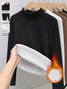 Shapeblank 女款大尺碼黑色長袖高領T恤，時尚休閒、彈性保暖舒適，適合秋冬日常穿搭黑色造型 - 黑色 - 查看 6