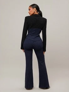 Radiana Plus Size Women's Navy Blue Autumn Curve Elegant Cocktail Striped Contrast Suit Set,Fitted Blazer & V-Neck Flared Pants 2 Pieces, Business Wear - Navy Blue - View 2