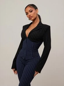 Radiana Plus Size Women's Navy Blue Autumn Curve Elegant Cocktail Striped Contrast Suit Set,Fitted Blazer & V-Neck Flared Pants 2 Pieces, Business Wear - Navy Blue - View 6