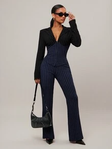 Radiana Plus Size Women's Navy Blue Autumn Curve Elegant Cocktail Striped Contrast Suit Set,Fitted Blazer & V-Neck Flared Pants 2 Pieces, Business Wear - Navy Blue - View 3