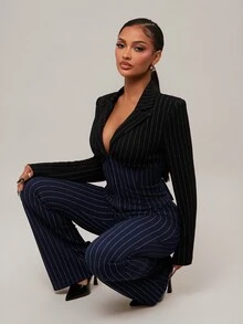Radiana Plus Size Women's Navy Blue Autumn Curve Elegant Cocktail Striped Contrast Suit Set,Fitted Blazer & V-Neck Flared Pants 2 Pieces, Business Wear - Navy Blue - View 1