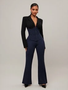 Radiana Plus Size Women's Navy Blue Autumn Curve Elegant Cocktail Striped Contrast Suit Set,Fitted Blazer & V-Neck Flared Pants 2 Pieces, Business Wear - Navy Blue - View 5