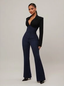 Radiana Plus Size Women's Navy Blue Autumn Curve Elegant Cocktail Striped Contrast Suit Set,Fitted Blazer & V-Neck Flared Pants 2 Pieces, Business Wear - Navy Blue - View 7