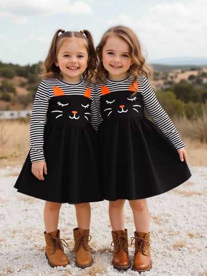 Emery Rose Kids Emery Rose Kids Gaun Hitam, Musim Panas, Seragam Keluarga untuk Anak Perempuan Kembar dengan Motif Ekspresi Lucu untuk Halloween, Motif Garis-garis, Patchwork, dan Telinga Kucing Lucu Bergambar, Pakaian Kasual