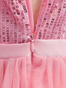 Tween Girls Light Pink Sequin Long Dress, Off-Shoulder Mesh Multi-Layer Full Skirt Elegant Dress, Lightweight Soft Fabric Suitable For Proms, Formal - Pink - View 4